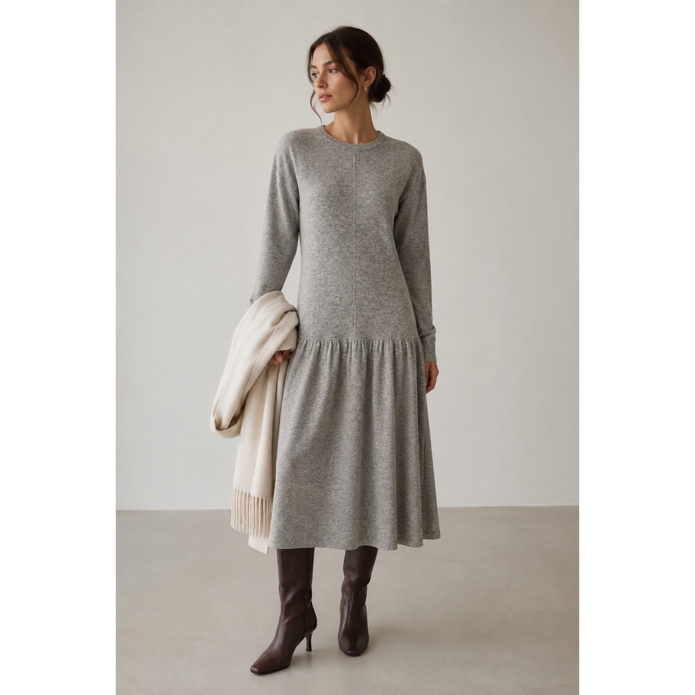 Vintage Outlander Gray Lambswool Angora Drop Waist Midi Dress S Old Money Winter